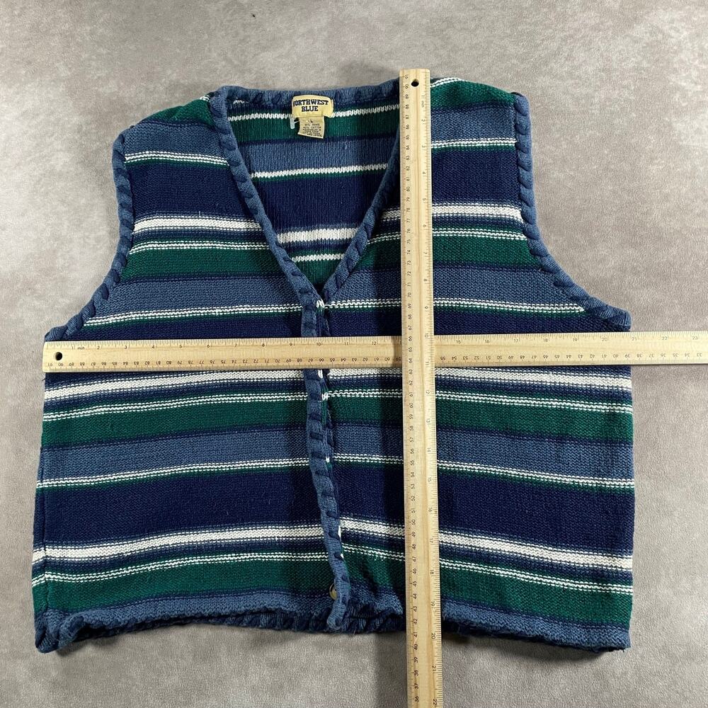 Women's Y2K Northwest Blue Sweater Vest Striped Ramie Cotton Navy Green Large